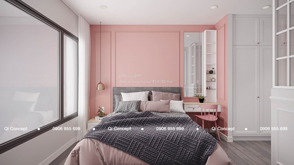 Phòng ngủ phụ với tone hồng, trắng, xám