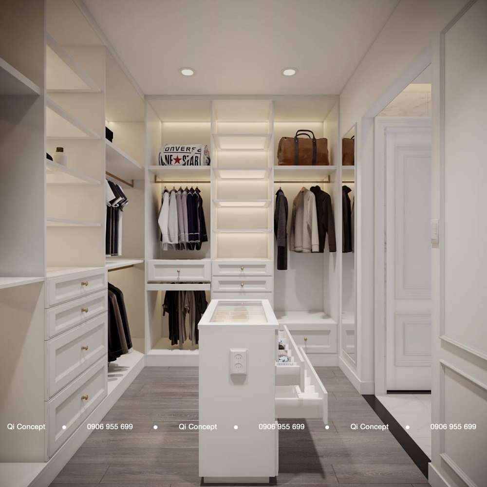 Phòng quần áo bên cạnh phòng ngủ cho chủ nhân căn hộ
