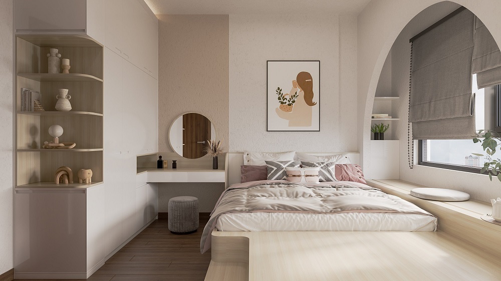 Toàn bộ khung cảnh phòng ngủ master căn hộ Mizuki MP10 thu trong tầm mắt