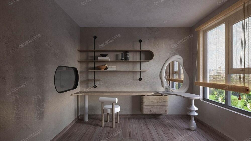 Góc làm việc trong một không gian mang phong cách wabi sabi.