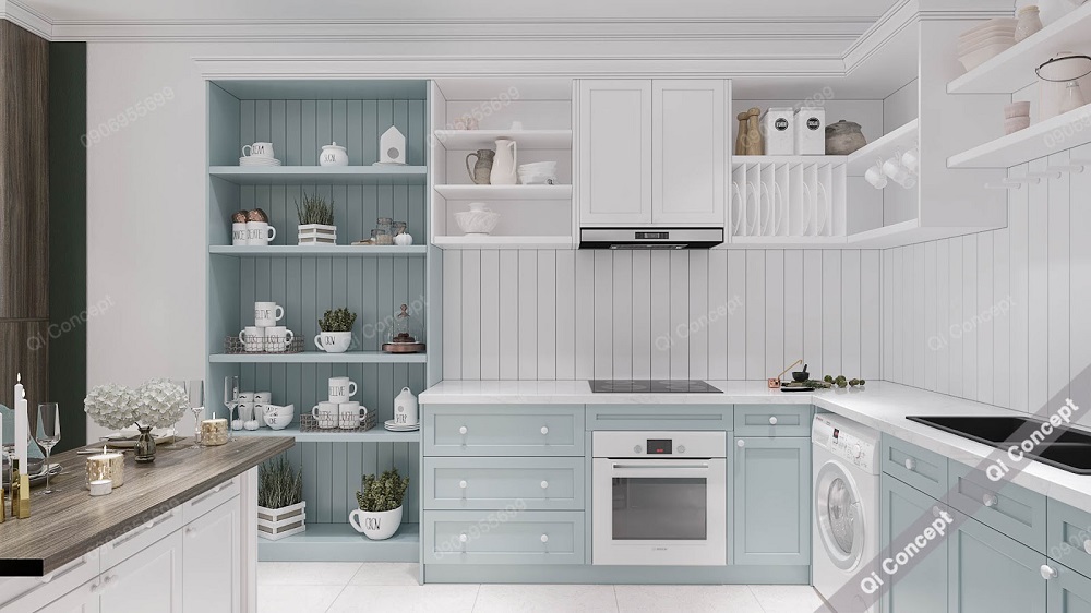 Gian bếp chữ L cùng tủ cây bài trí xanh mint lạ mắt