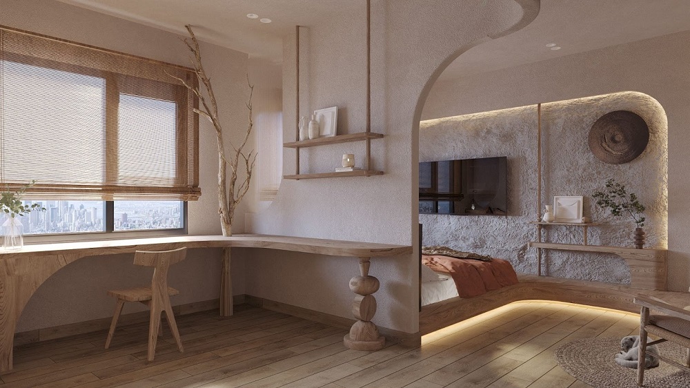 Khu vực làm việc ngập tràn sinh khí sau bức tường parabol mềm mại