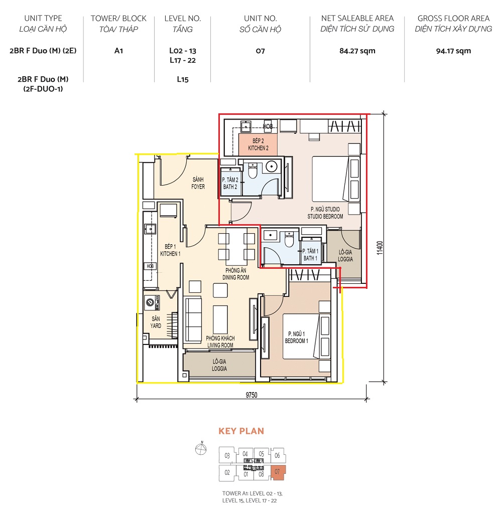 Mặt bằng căn hộ Dual Key 2 khóa Delasol quận 4
