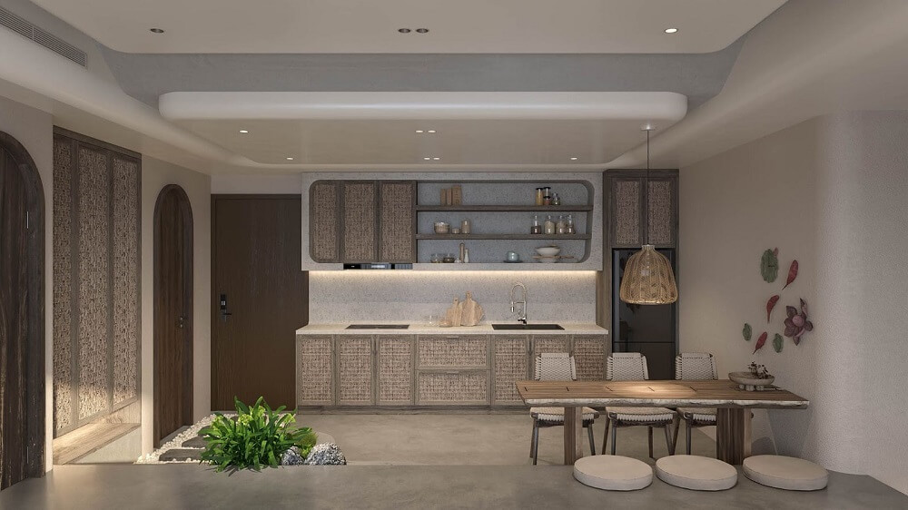 Mẫu thiết kế layout bếp chữ I  phong cách Wabi Sabi dành riêng cho những ai yêu thích sự mộc mạc, giản đơn