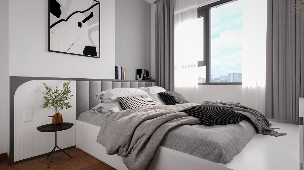 Phòng ngủ master đẹp với 2 tone xám, đen, trắng
