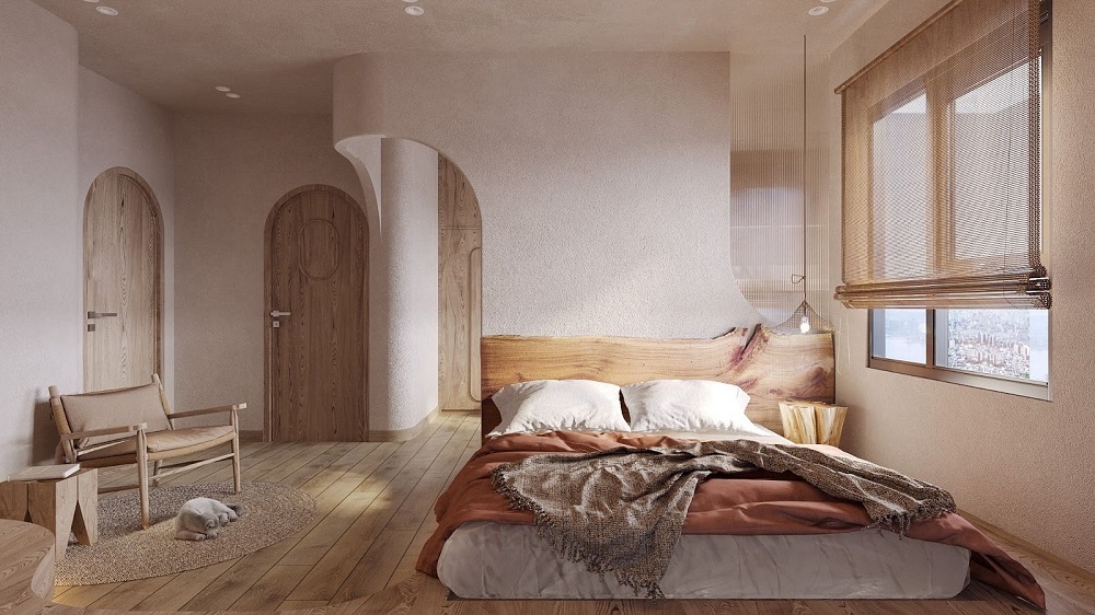 Phòng ngủ master tone beige, nâu bình dị