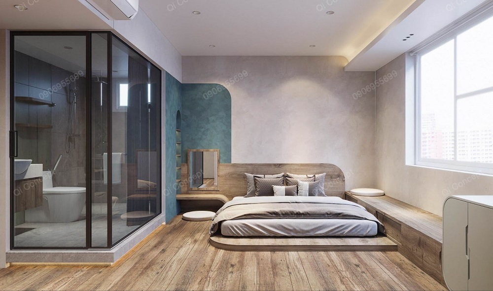 Phòng ngủ và đảo tắm chuộng chất liệu gỗ phong cách Wabi sabi