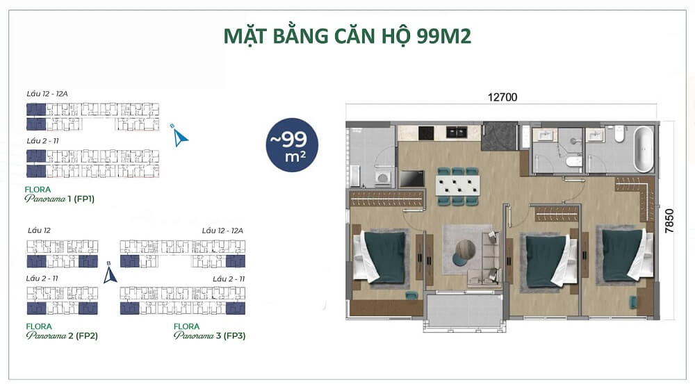 Mặt bằng căn hộ 126m² 3 phòng ngủ 3 phòng vệ sinh