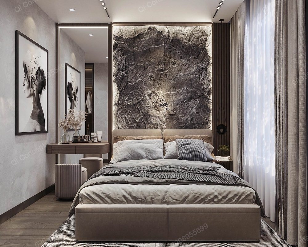 Vách đá ma mị đầu giường chiếm trọn spotlight phòng ngủ phụ