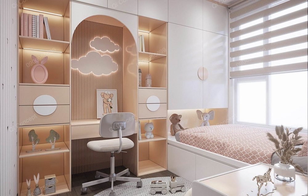 Bàn học tích hợp tủ đáng yêu cho bé