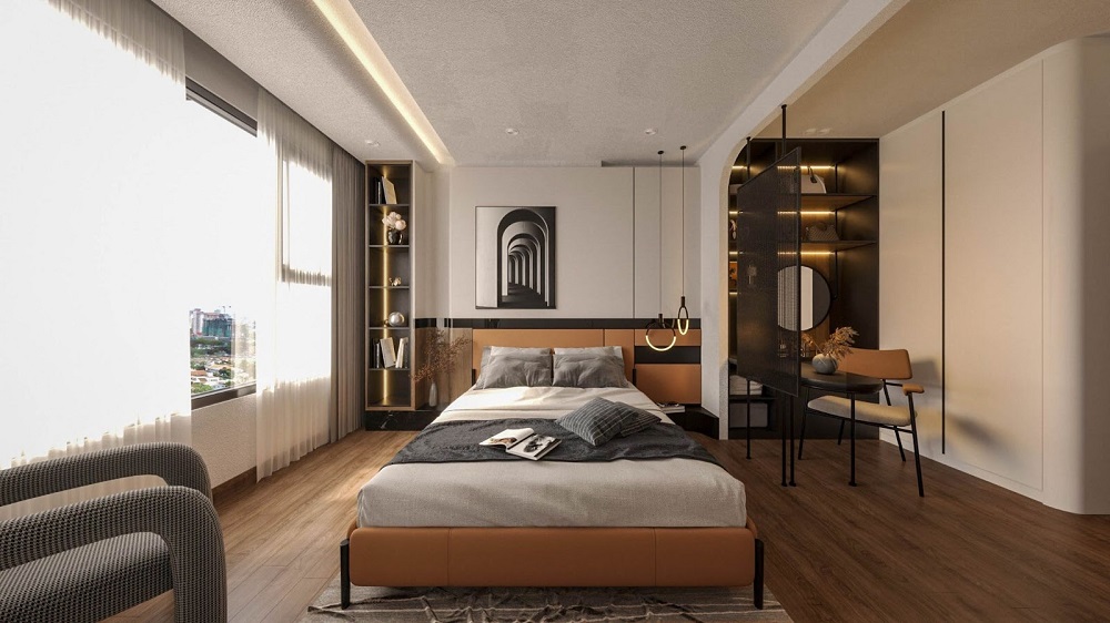 Căn phòng ngủ sang trọng có hiệu ứng thị giác mạnh mẽ