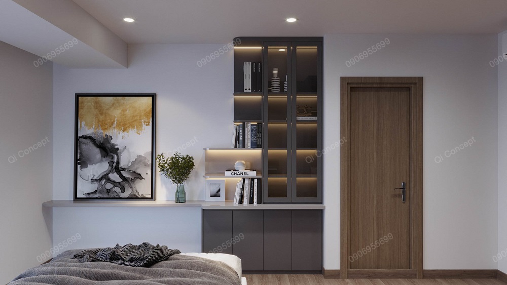 Góc bàn làm việc được tích hợp với tủ sách độc đáo, tăng giá trị quan cho căn phòng