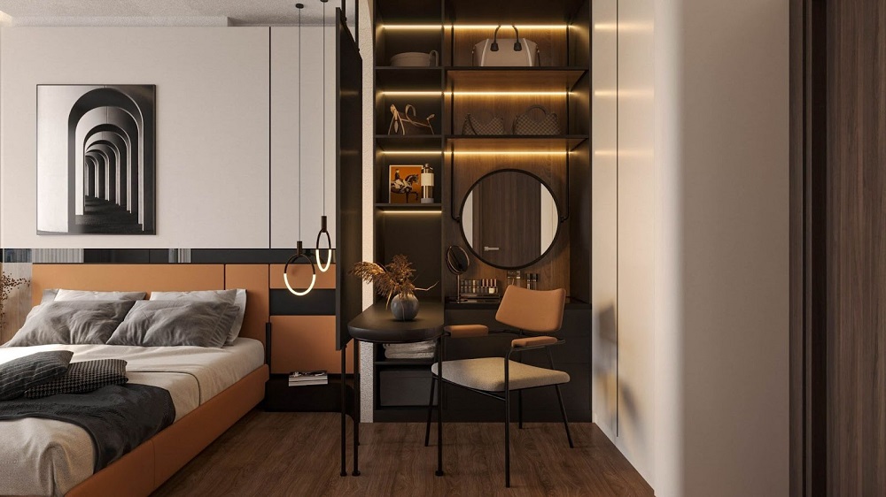 Góc trang điểm tích hợp bàn làm việc đầy mới lạ sau bức giăng sắt giả lập