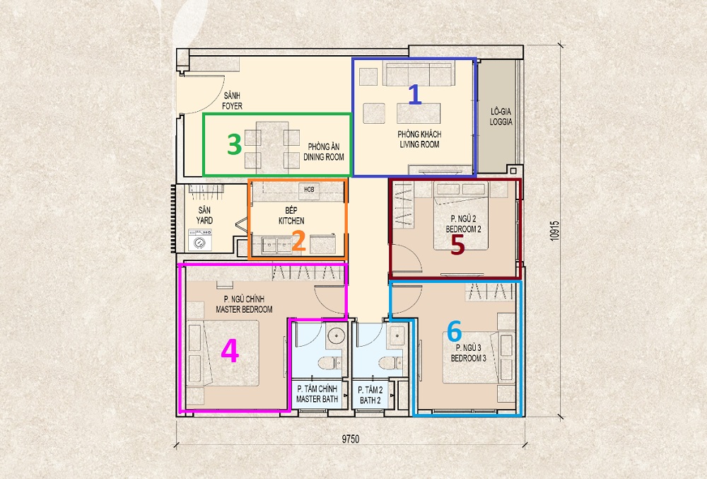 Mặt cắt căn hộ 3 phòng ngủ của Delasol