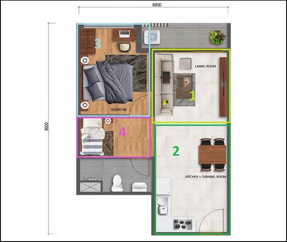 Mặt bằng căn hộ Safira Khang Điền 1+1 45m2 
