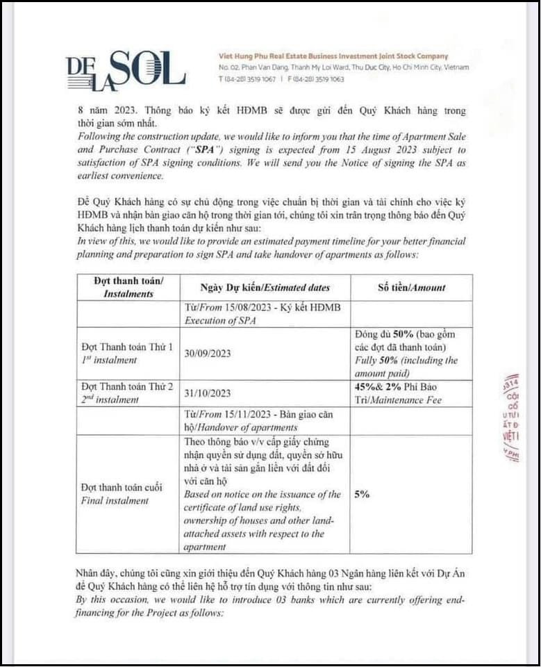 Thông báo ký HĐMB chính thức đến từ chủ đầu tư Capitaland