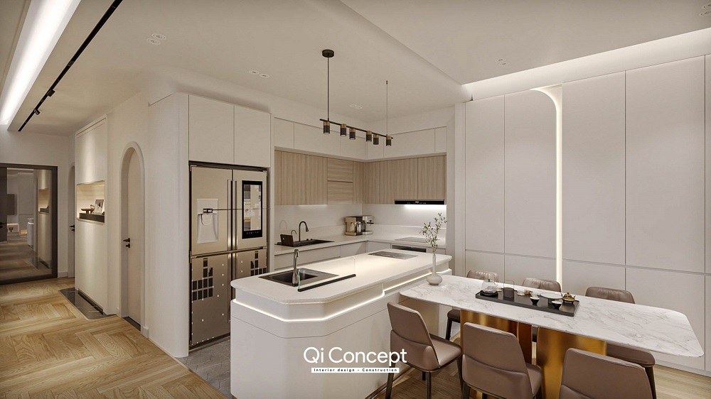 Tổng quan khu vực ăn và phòng bếp tone trắng và gỗ sáng