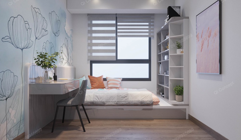 Tổng thể phòng ngủ khi nhìn từ cửa chính