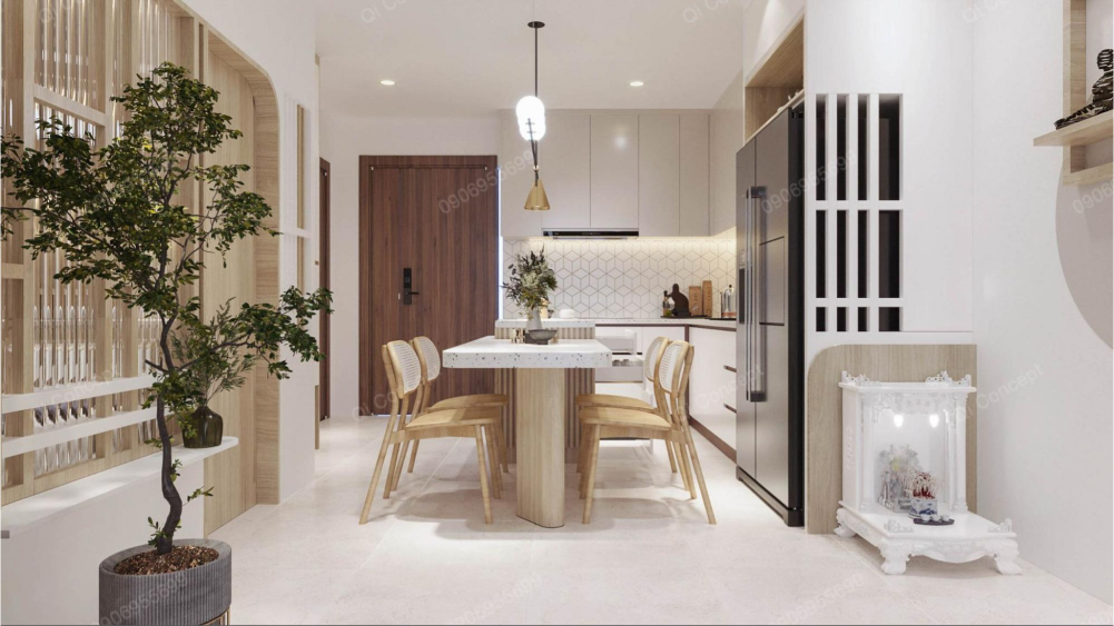 Khu vực bếp và ăn uống của gia đình Bàn ăn và bếp trong dự án báo giá thiết kế căn hộ Q7 Riverside.