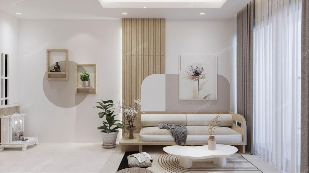 Sofa được thiết kế riêng theo yêu cầu của gia chủ Vách trang trí và bàn thờ trong mẫu thiết kế căn hộ Q7 Riverside.
