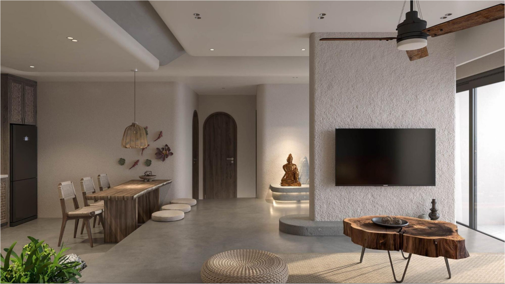 Phòng khách được phân ra thành 2 khu vực riêng biệt: 1 nơi tiếp khách - 1 nơi là phòng trà đạo Bố trí khu vực tivi trong gói báo giá thiết kế căn hộ Q7 Riverside phong cách Wabi Sabi.