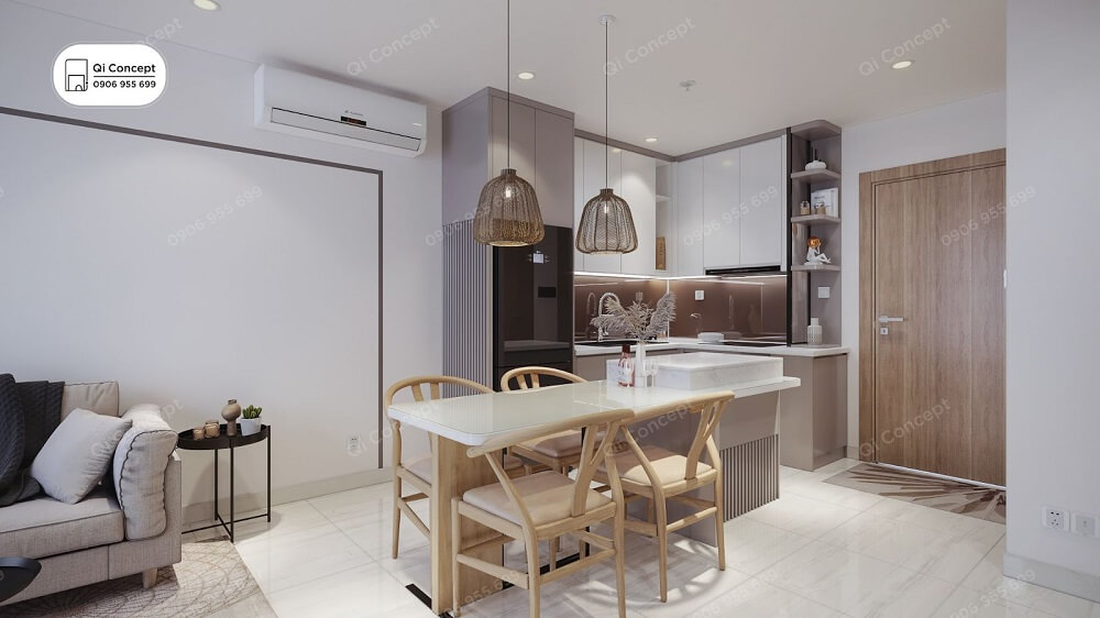 Chiếc đèn thả trần kiểu dáng độc đáo góp phần tăng sự độc đáo cho khu vực bàn ăn