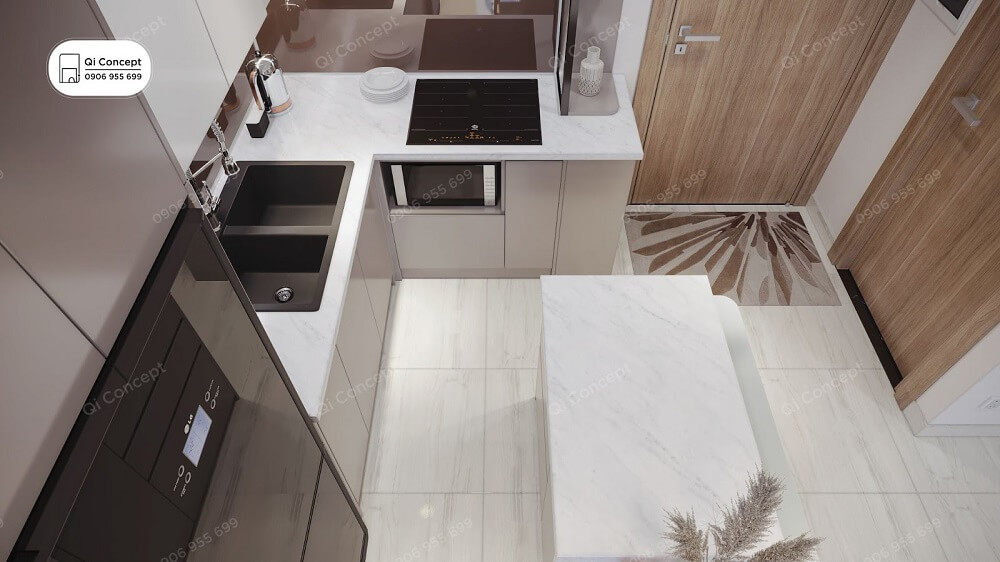 Cận cảnh khu vực bếp chữ L tiện lợi của căn hộ 1+1 Picity Sky Park