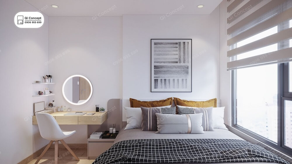 Không gian phòng ngủ master hiện đại với tone trắng sang trọng