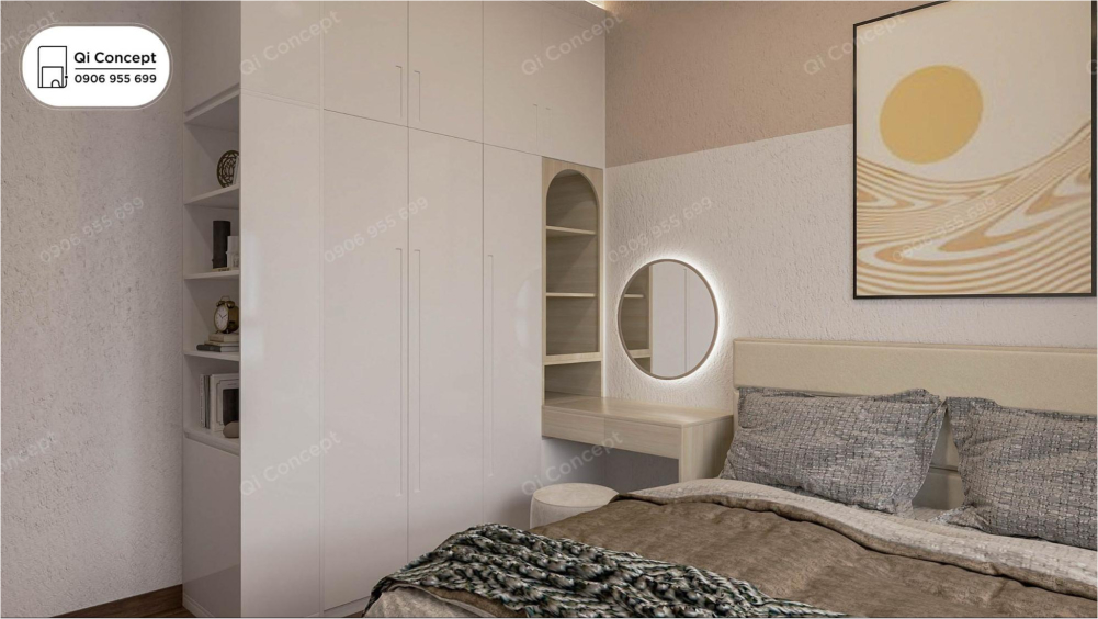 Phòng ngủ phụ bố trí đơn giản nhưng đáp ứng mọi công năng sử dụng Thiết kế phòng ngủ phụ trong gói báo giá thiết kế căn hộ Q7 Riverside.