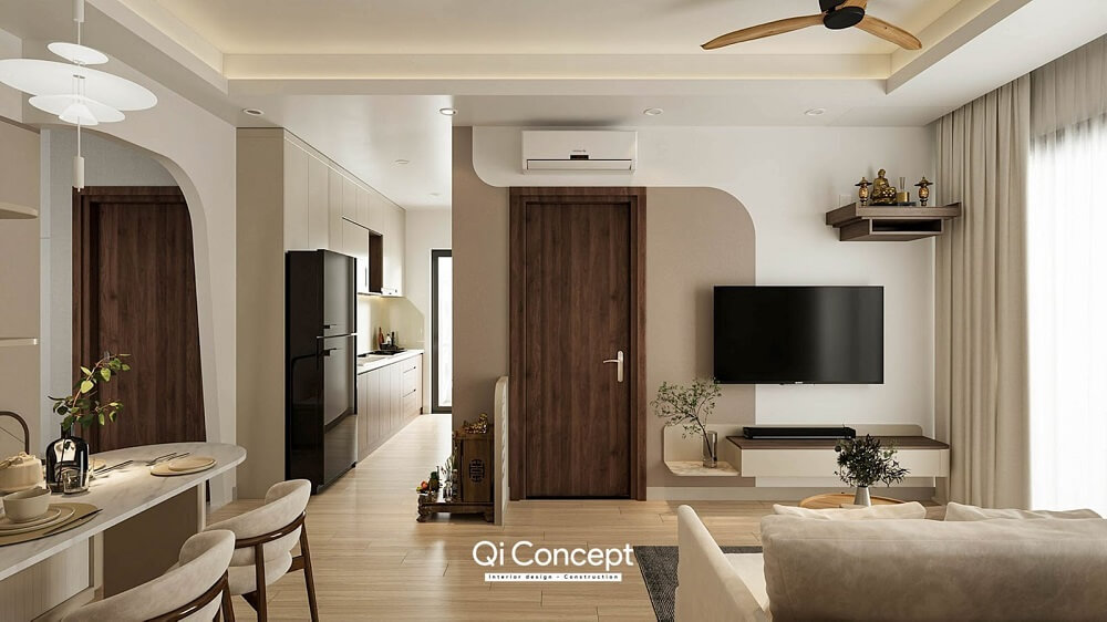 Thiết kế không gian mở kết nối phòng khách và khu vực ăn uống