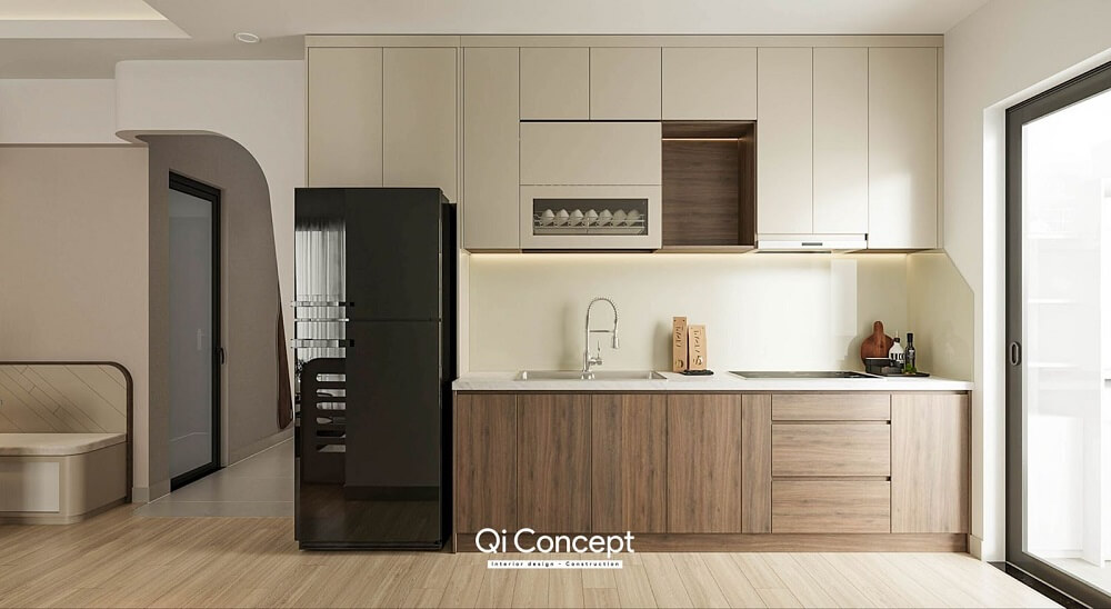 Hệ bếp chữ I tiện lợi giúp gia chủ tăng khả năng lưu trữ đồ đạc