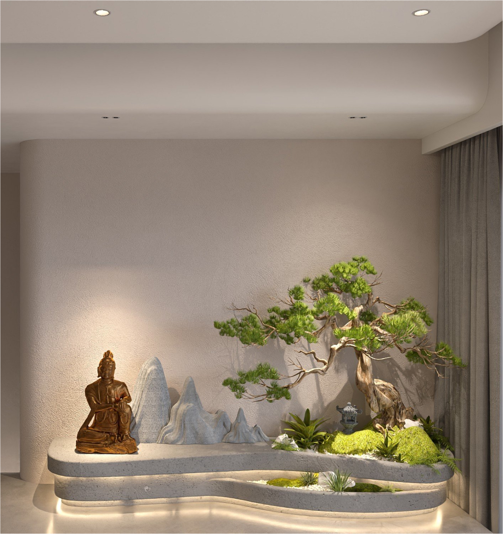 Điểm nhấn đặc biệt của căn hộ Q7 Riverside phong cách Wabi-sabi Tiểu cảnh sân vườn Zen trong báo giá thiết kế căn hộ Q7 Riverside.