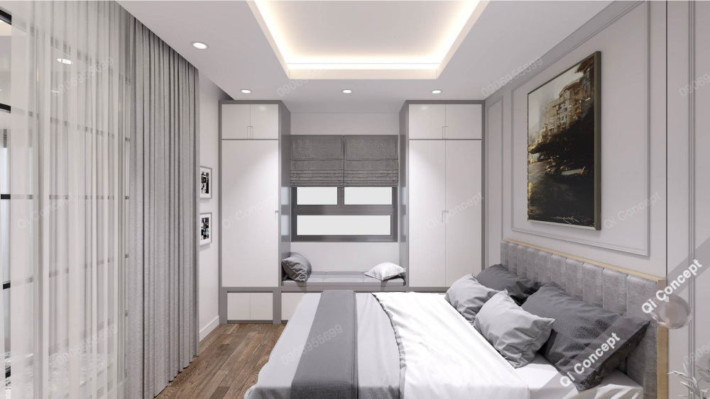 Phòng ngủ master được thiết kế tối giản và hiện đại