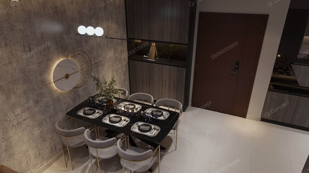 Bàn ăn được KTS bố trí cạnh cửa ra vào, tách biệt với khu vực bếp