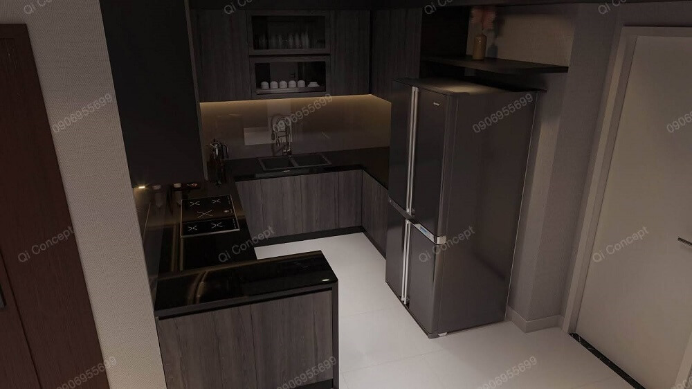 Khu bếp với tone màu đen chủ đạo đáp ứng đúng tinh thần của phong cách Taiwanese