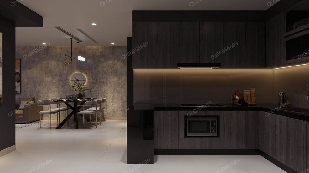 Khu vực bếp và khu vực ăn uống được tách biệt với nhau tạo sự riêng tư cho mỗi không gian