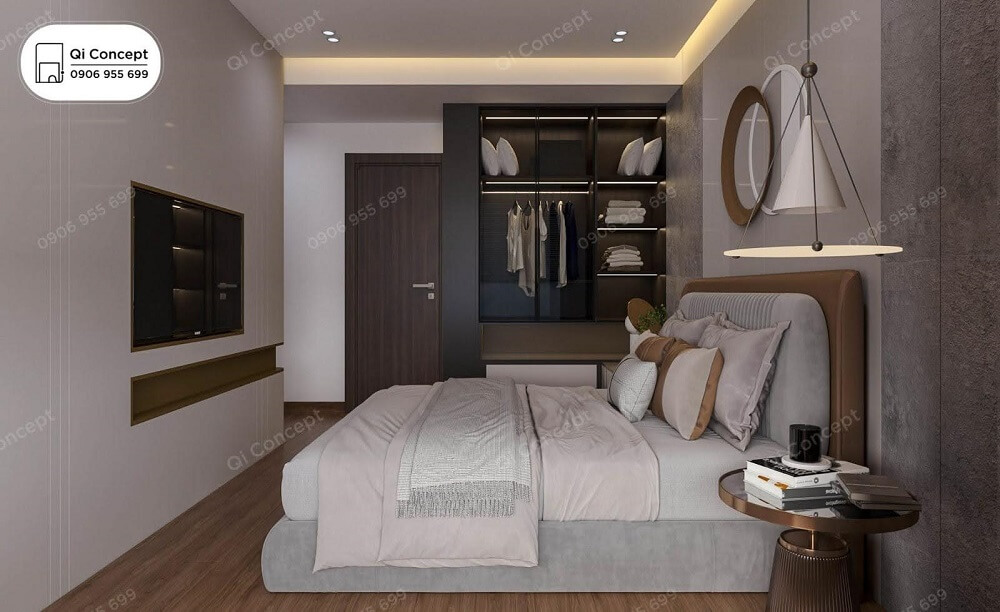 Vách tường tivi được ốp PVC màu trắng vô cùng nổi bật