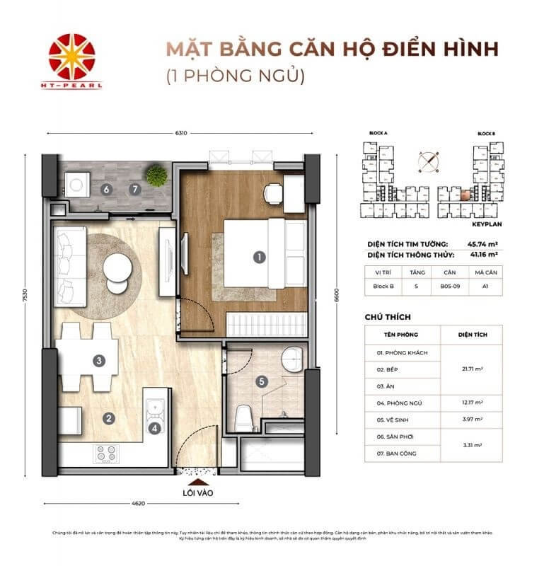 Layout thiết kế nội thất căn hộ 1pn HT Pearl Dĩ An
