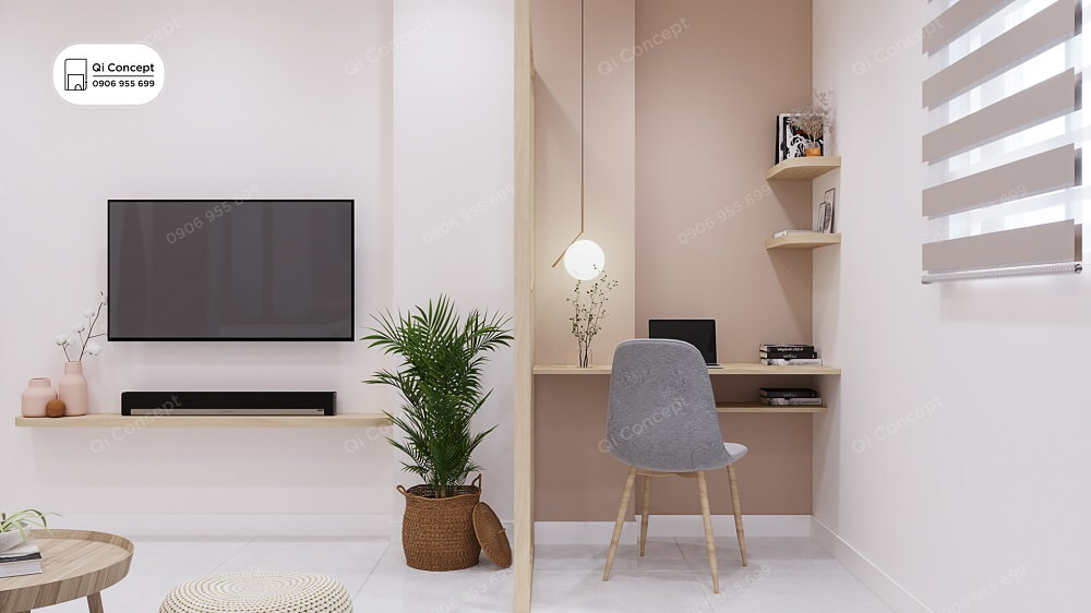 Phòng khách thiết kế tích hợp khu vực làm việc đáp ứng nhu cầu cho gia chủ