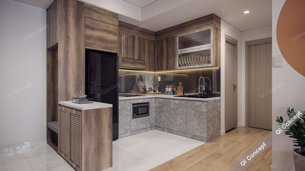 Hệ bếp chữ L được làm từ gỗ MDF chống ẩm sang trọng, hiện đại