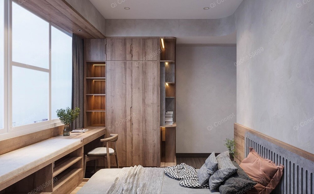 Hệ tủ kịch trần thiết kế thông minh có các kệ trang trí kèm led