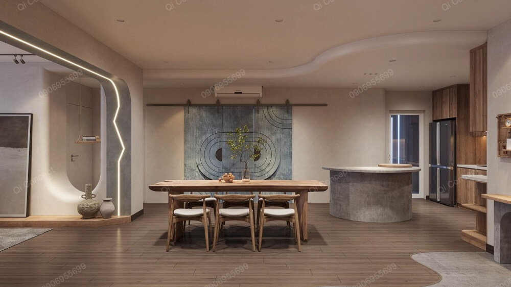 View tổng thể của khu vực bếp và bàn ăn của gia đình