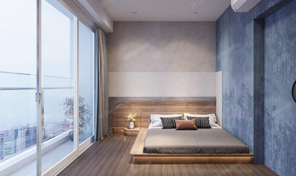 Phòng ngủ master được thiết kế tối giản cùng các gam màu trung tính chủ đạo