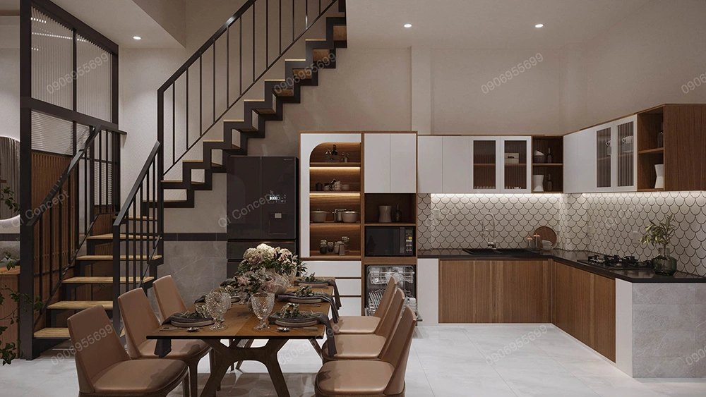 Mẫu thiết kế nội thất nhà phố với không gian bếp và bàn ăn hiện đại.