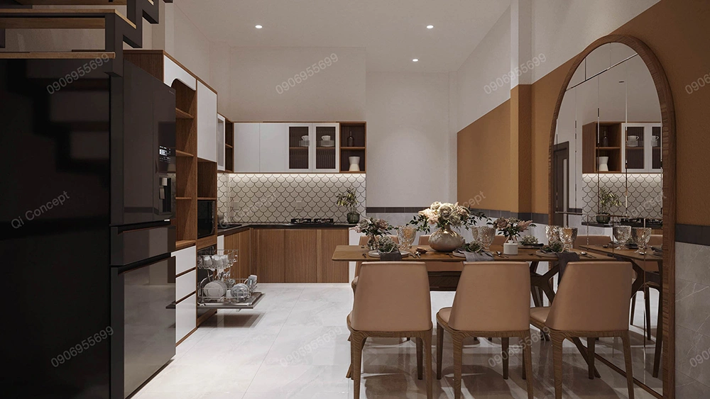 Khu vực bếp và bàn ăn trong một dự án thiết kế nội thất nhà phố.