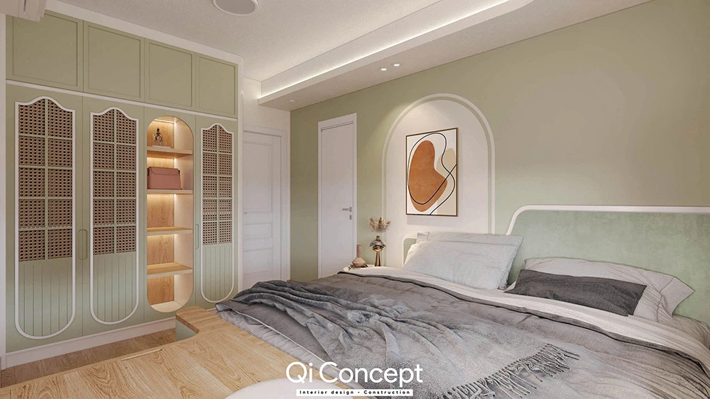 Mẫu thiết kế nội thất phòng ngủ với tông màu xanh pastel.