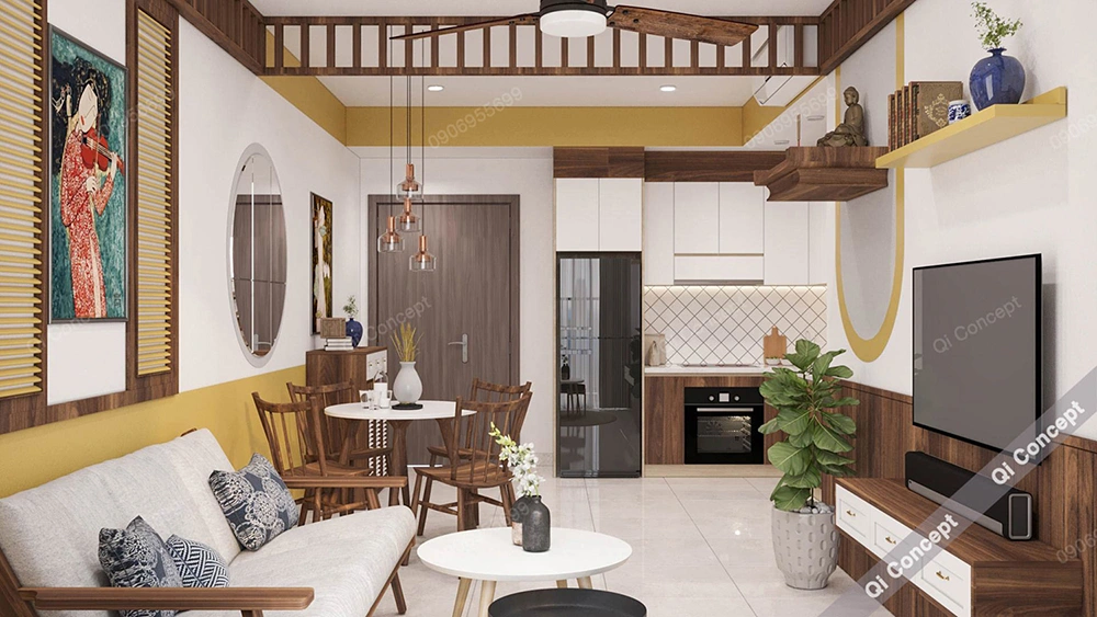 Mẫu thiết kế nội thất căn hộ phong cách Á Đông hiện đại.