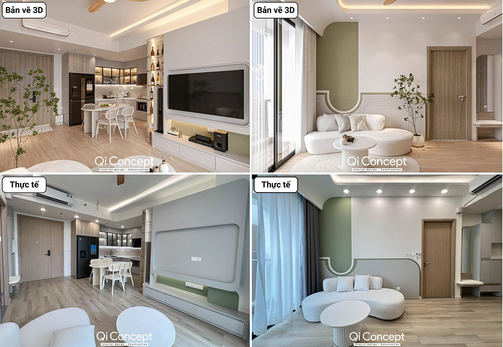 Hình ảnh so sánh thiết kế và thực tế thi công nội thất