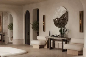 Không gian phòng khách tối giản, ít đồ đạc, tập trung vào sự tĩnh lặng và yên bình