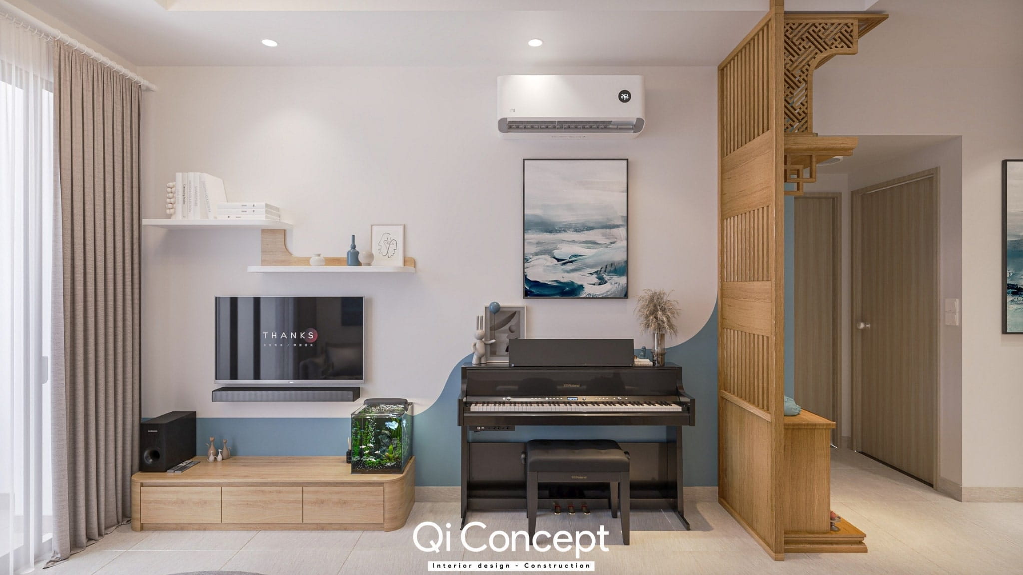 Chi tiết vách ngăn và khu vực đàn piano trong thiết kế nội thất chung cư 55m2.